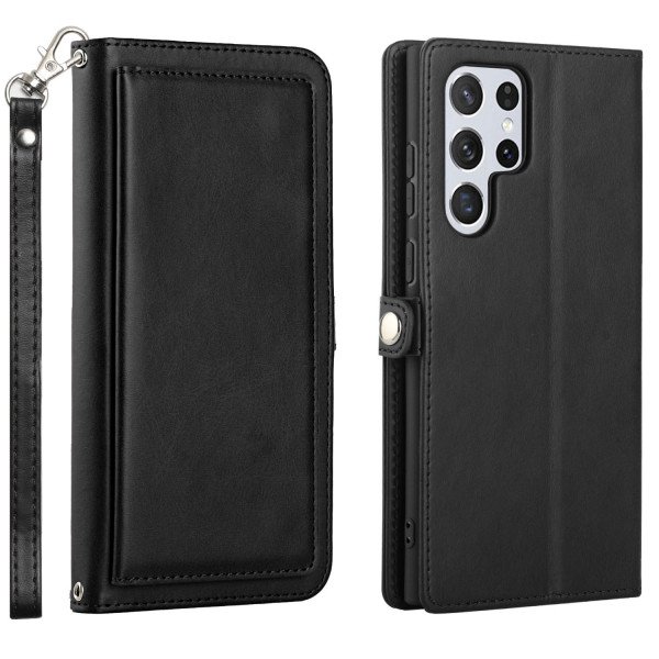 Wholesale Premium PU Leather Folio Wallet Front Cover Case with Card Holder Slots and Wrist Strap for Samsung Galaxy S23 Ultra 5G (Black)