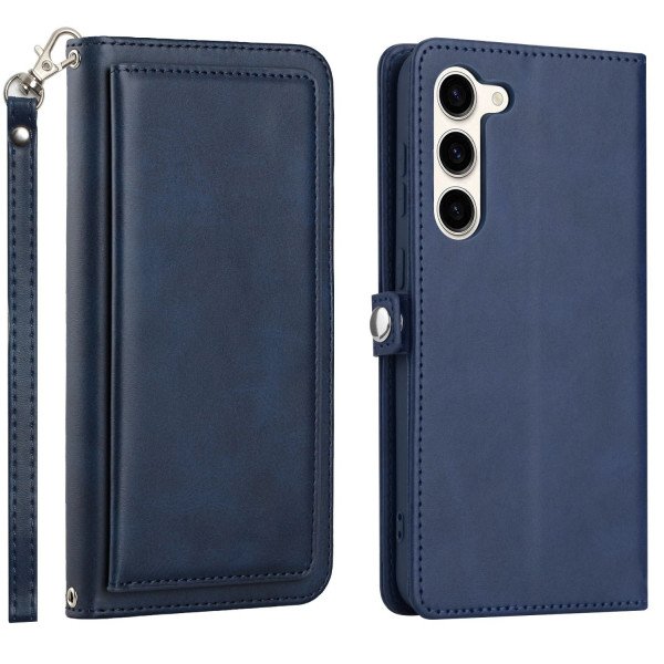 Wholesale Premium PU Leather Folio Wallet Front Cover Case with Card Holder Slots and Wrist Strap for Samsung Galaxy S23 5G (Navy Blue)