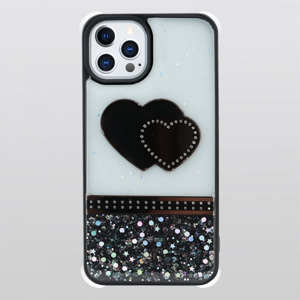Wholesale Glitter Jewel Diamond Armor Bumper Case with Camera Lens Protection Cover for Apple iPhone 13 Pro [6.1] (Heart Black)