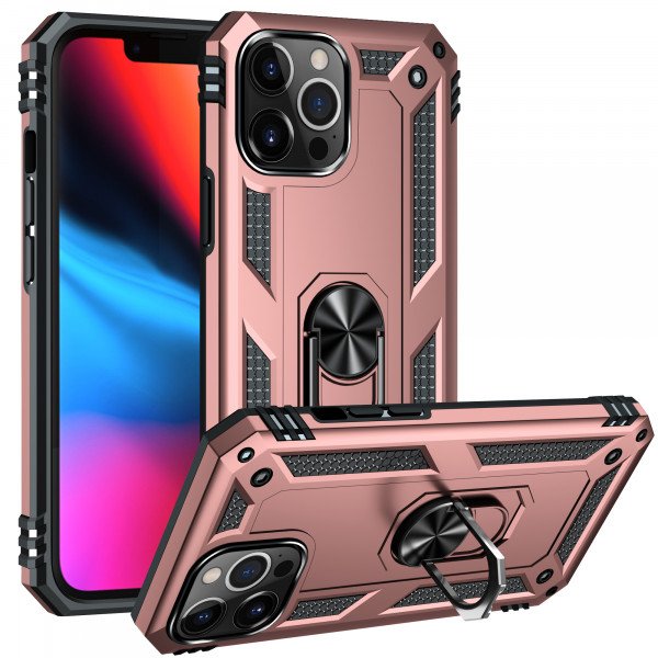 Wholesale Tech Armor Ring Stand Grip Case with Metal Plate for Apple iPhone 13 Pro Max (6.7) (Rose Gold)
