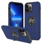 Wholesale Glossy Dual Layer Armor Hybrid Stand Metal Plate Flat Ring Case for iPhone 14 Plus [6.7] (Navy Blue)