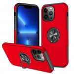 Wholesale Glossy Dual Layer Armor Hybrid Stand Metal Plate Flat Ring Case for iPhone 14 Plus [6.7] (Red)