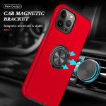Wholesale Glossy Dual Layer Armor Hybrid Stand Metal Plate Flat Ring Case for iPhone 14 Plus [6.7] (Red)