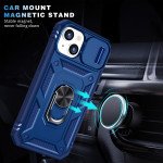 Wholesale Heavy Duty Tech Armor Ring Stand Lens Cover Grip Case with Metal Plate for iPhone 14 [6.1] (Navy Blue)