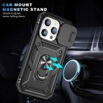 Wholesale Heavy Duty Tech Armor Ring Stand Lens Cover Grip Case with Metal Plate for iPhone 14 Pro [6.1] (Black)