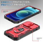 Wholesale Heavy Duty Tech Armor Ring Stand Lens Cover Grip Case with Metal Plate for iPhone 14 Pro [6.1] (Red)
