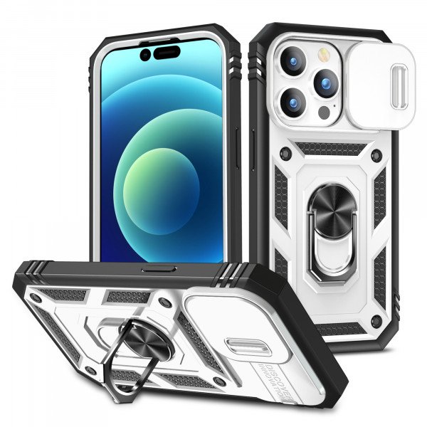 Wholesale Heavy Duty Tech Armor Ring Stand Lens Cover Grip Case with Metal Plate for iPhone 14 Pro [6.1] (White)