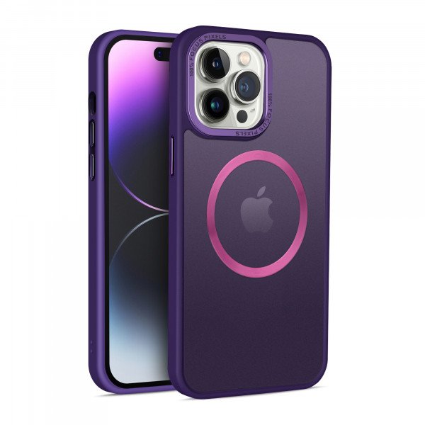 Wholesale Magnetic Magsafe Enhanced with Stainless Camera Edge & Button Shields Hybrid Cover Case for Apple iPhone 15 Pro Max (Purple)