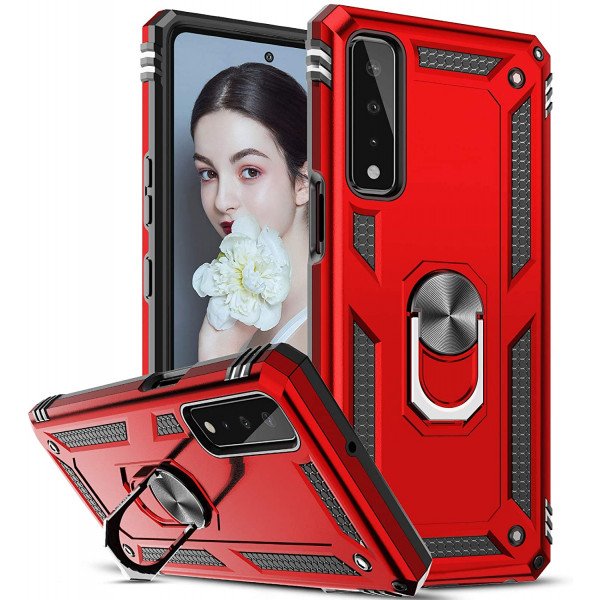 Wholesale Tech Armor Ring Stand Grip Case with Metal Plate for LG Stylo 7 5G [Not for Stylo 7 4G] (Red)