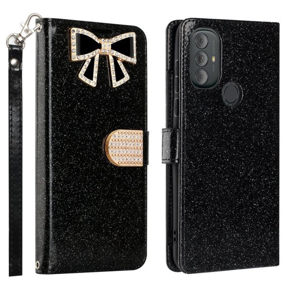 Wholesale Ribbon Bow Crystal Diamond Wallet Case for Motorola Moto G Play 2023 / Moto G Power 2022 / Moto G Pure (Black)