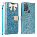 Wholesale Ribbon Bow Crystal Diamond Wallet Case for Motorola Moto G Play 2023 / Moto G Power 2022 / Moto G Pure (Light Blue)