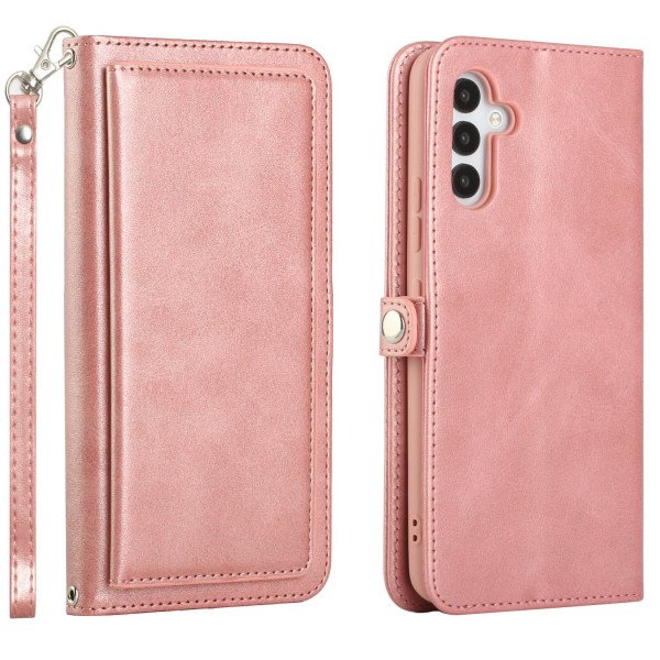 Wholesale Premium PU Leather Folio Wallet Front Cover Case with Card Holder Slots and Wrist Strap for Samsung Galaxy S23 FE (Rose Gold)