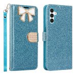 Wholesale Ribbon Bow Crystal Diamond Wallet Case for Samsung Galaxy A14 5G (Light Blue)