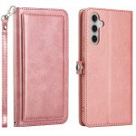 Wholesale Premium PU Leather Folio Wallet Front Cover Case with Card Holder Slots and Wrist Strap for Samsung Galaxy A34 5G (Rose Gold)