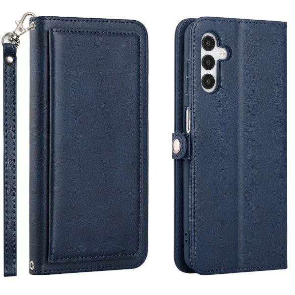 Wholesale Premium PU Leather Folio Wallet Front Cover Case with Card Holder Slots and Wrist Strap for Samsung Galaxy A24 4G (Navy Blue)