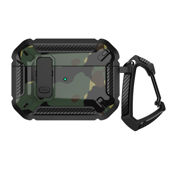 Wholesale Premium Camo Design Strong Armor Hybrid Clip Lock Airpod Case Cover With Keychain Holder for Apple Airpod 3 (Gen 3 2021) (Green)