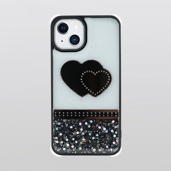 Wholesale Glitter Jewel Diamond Armor Bumper Case with Camera Lens Protection Cover for Apple iPhone 13 [6.1] (Heart Black)