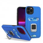 Wholesale Square Ring Stand Holder with Card Slot Hybrid Case for Apple iPhone 13 (6.1) (Navy Blue)