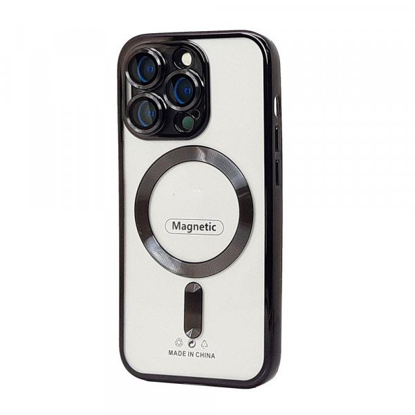 Wholesale Transparent Electroplated Chrome Magnetic Magsafe Circle TPU Cover Case With Camera Lens Protection for iPhone 14 Plus (Black)
