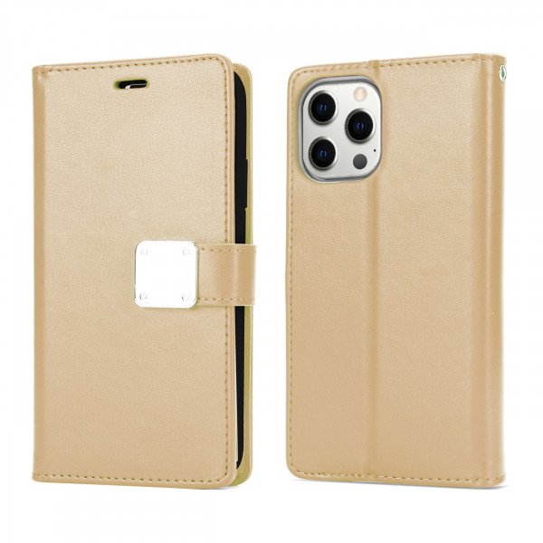 Wholesale Multi Pockets Folio Flip Leather Wallet Case with Strap for iPhone 14 Pro [6.1] (Gold)