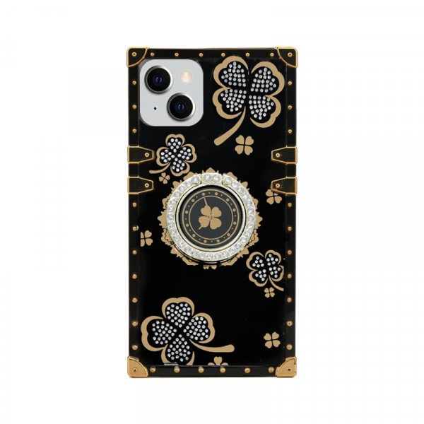 Wholesale Lucky Clover Heavy Duty Diamond Ring Stand Grip Hybrid Case Cover for iPhone 14 Plus [6.7] (Black)