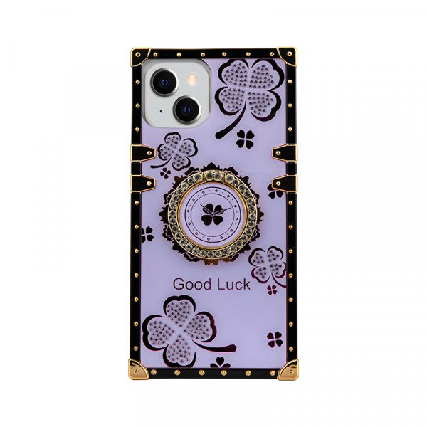 Wholesale Lucky Clover Heavy Duty Diamond Ring Stand Grip Hybrid Case Cover for iPhone 14 Plus [6.7] (Purple)