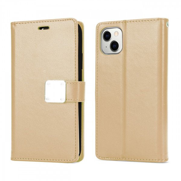 Wholesale Multi Pockets Folio Flip Leather Wallet Case with Strap for iPhone 14 Plus [6.7] (Gold)