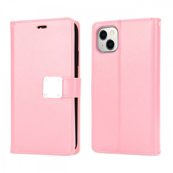 Wholesale Multi Pockets Folio Flip Leather Wallet Case with Strap for iPhone 14 Plus [6.7] (Rose Gold)