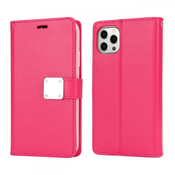 Wholesale Multi Pockets Folio Flip Leather Wallet Case with Strap for iPhone 14 Pro Max [6.7] (Hot Pink)