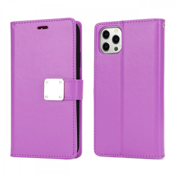 Wholesale Multi Pockets Folio Flip Leather Wallet Case with Strap for iPhone 14 Pro Max [6.7] (Purple)
