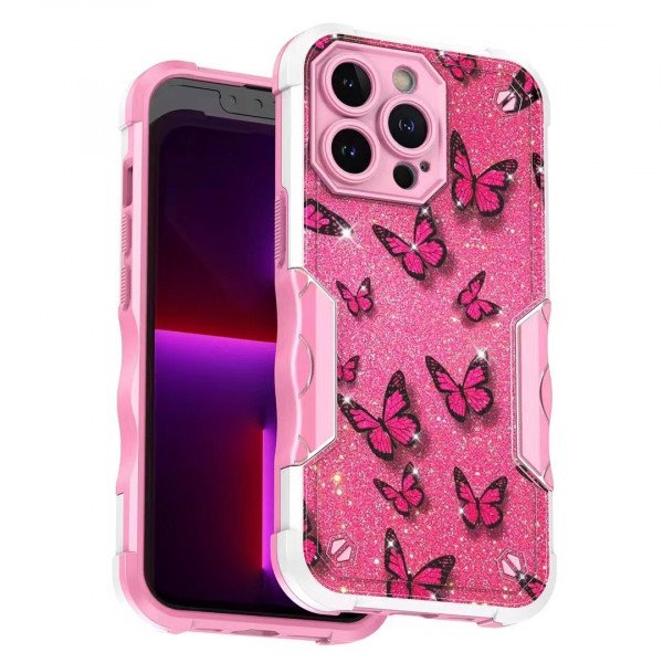 Wholesale Design Fashion Picture Design Strong Shockproof Hybrid Grip Case Cover for iPhone 14 Pro Max [6.7] (Butterfly Hot Pink)