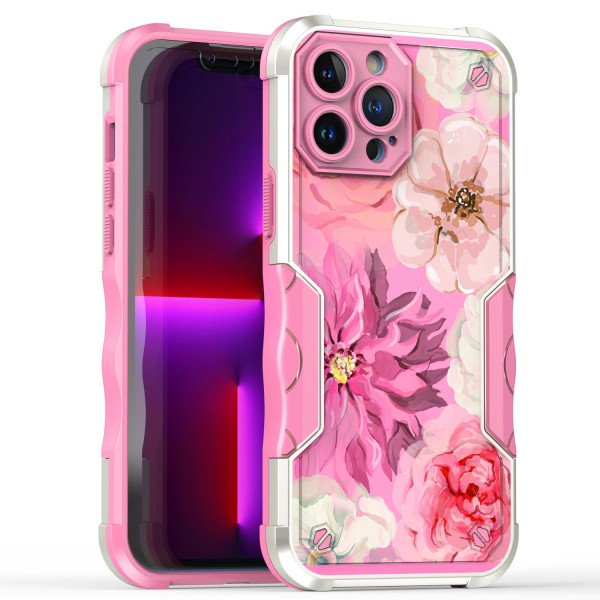 Wholesale Design Fashion Picture Design Strong Shockproof Hybrid Grip Case Cover for iPhone 14 Pro [6.1] (Flower Hot Pink)