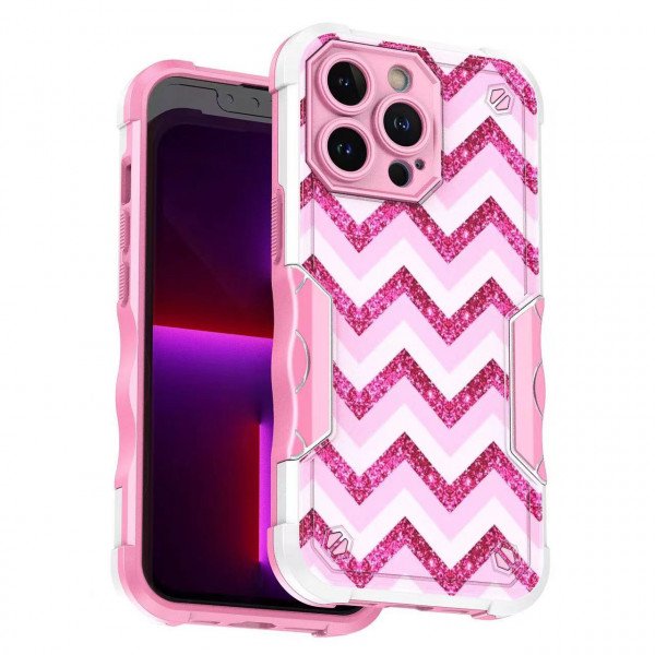 Wholesale Design Fashion Picture Design Strong Shockproof Hybrid Grip Case Cover for iPhone 14 Pro [6.1] (Zigzag Hot Pink)