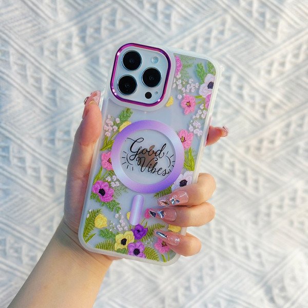 Wholesale Chrome Button Transparent Slim Flower Design Magsafe Magnetic Clear Armor Cover Case for iPhone 14 [6.1] (Lavender)
