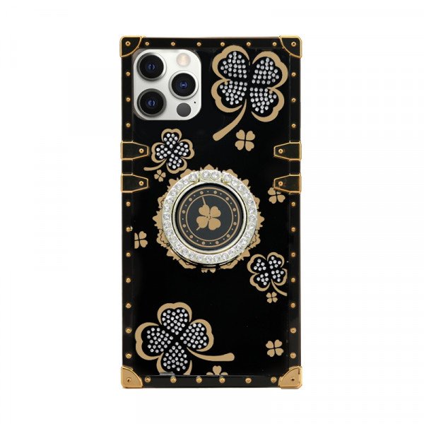 Wholesale Lucky Clover Heavy Duty Diamond Ring Stand Grip Hybrid Case Cover for iPhone 14 Pro Max [6.7] (Black)