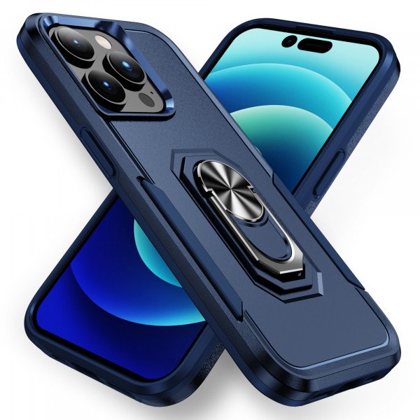 Wholesale Heavy Duty Strong Armor Ring Stand Grip Hybrid Trailblazer Case Cover for iPhone 14 Pro Max [6.7] (Navy Blue)