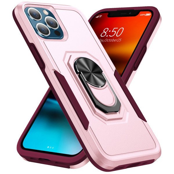 Wholesale Heavy Duty Strong Armor Ring Stand Grip Hybrid Trailblazer Case Cover for iPhone 14 Pro [6.1] (Pink)