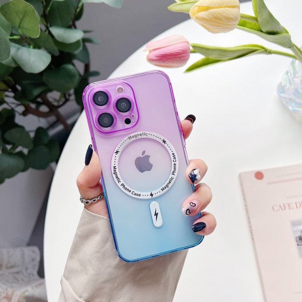 Wholesale Transparent Slim Rainbow Gradient Magnetic Magsafe Circle TPU Cover Case With Camera Lens Cover for iPhone 14 Plus [6.7] (Purple/Blue)
