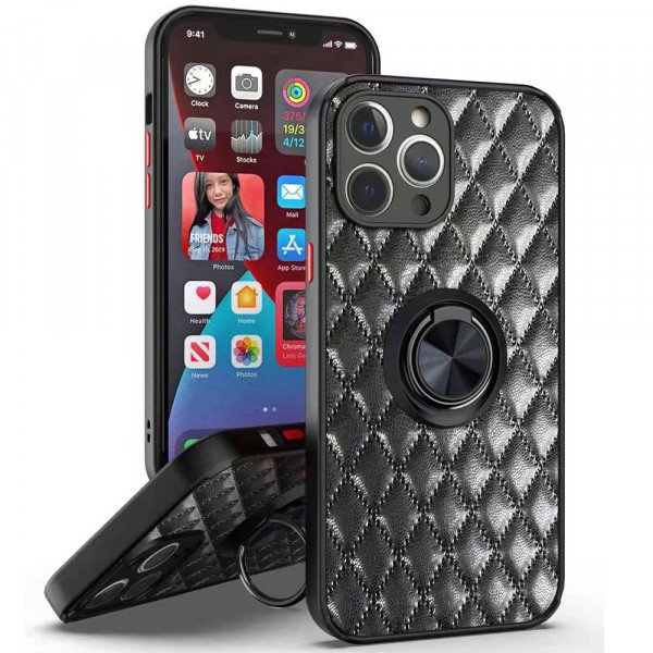 Wholesale Slim Quilted PU Leather Luxury Shockproof 360 Ring Stand Protective Cover Phone Case for Apple iPhone 13 [6.1] (Black)