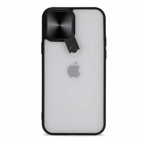 Wholesale Selfie Camera Lens Protection Case with Stand and Built-In Mirror for Apple iPhone 13 ProMax 6.7 (Black)