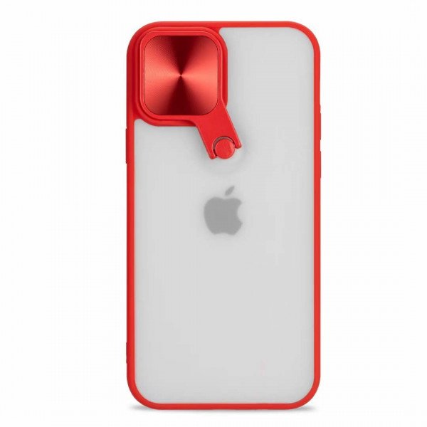 Wholesale Selfie Camera Lens Protection Case with Stand and Built-In Mirror for Apple iPhone 13 (6.1) (Red)