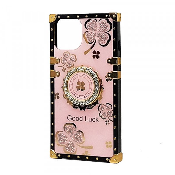 Wholesale Heavy Duty Floral Clover Diamond Ring Stand Grip Hybrid Case Cover for Apple iPhone 13 [6.1] (Hot Pink)