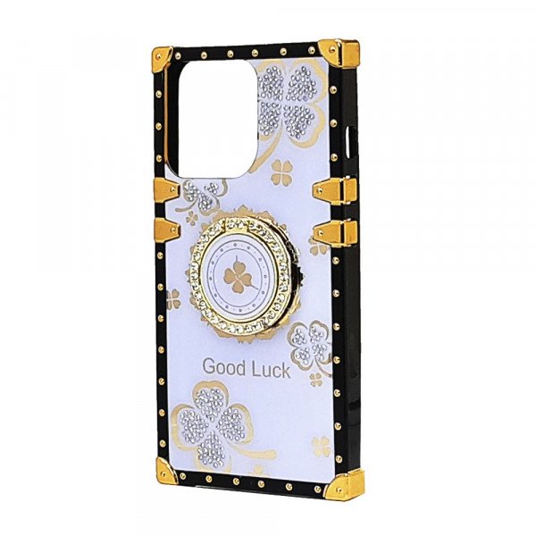 Wholesale Heavy Duty Floral Clover Diamond Ring Stand Grip Hybrid Case Cover for Apple iPhone 13 [6.1] (Purple)