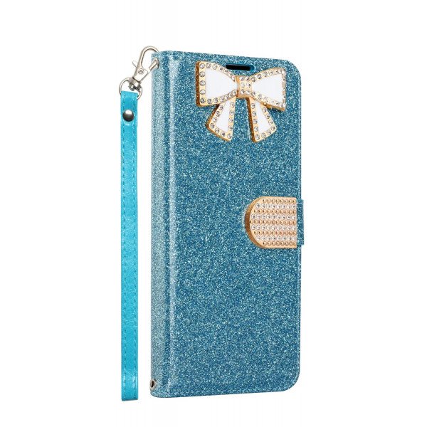 Wholesale Ribbon Bow Crystal Diamond Wallet Case for Samsung Galaxy Note 10 (Light Blue)