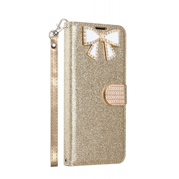 Wholesale Ribbon Bow Crystal Diamond Wallet Case for Samsung Galaxy Note 10 (Gold)