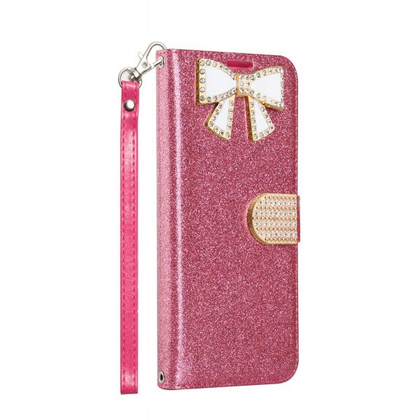 Wholesale Ribbon Bow Crystal Diamond Wallet Case for Samsung Galaxy Note 10 (Hot Pink)