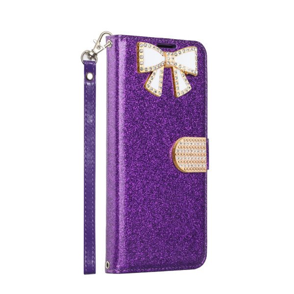Wholesale Ribbon Bow Crystal Diamond Wallet Case for Samsung Galaxy Note 10 (Purple)