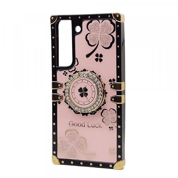 Wholesale Heavy Duty Floral Clover Diamond Ring Stand Grip Hybrid Case Cover for Samsung Galaxy S23 5G (Hot Pink)