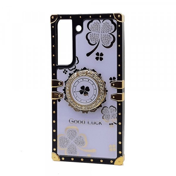 Wholesale Heavy Duty Floral Clover Diamond Ring Stand Grip Hybrid Case Cover for Samsung Galaxy S23 5G (Purple)