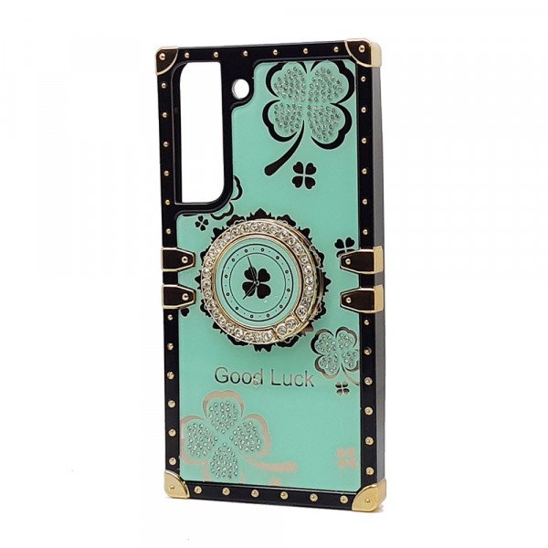 Wholesale Heavy Duty Floral Clover Diamond Ring Stand Grip Hybrid Case Cover for Samsung Galaxy S23 Plus 5G (Green)